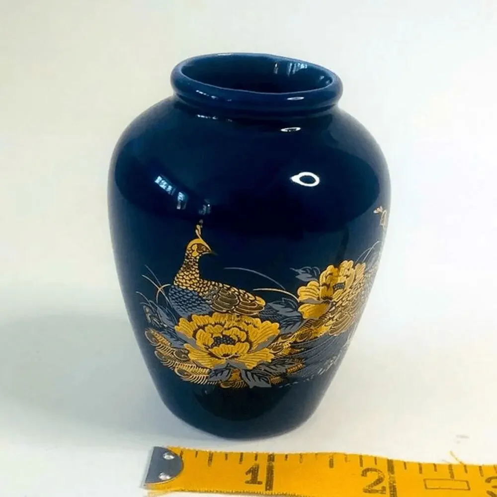 Vintage Cobalt Blue Peacock Bud Vase‎ Gold Floral Ceramic Small Decorative 3 IN